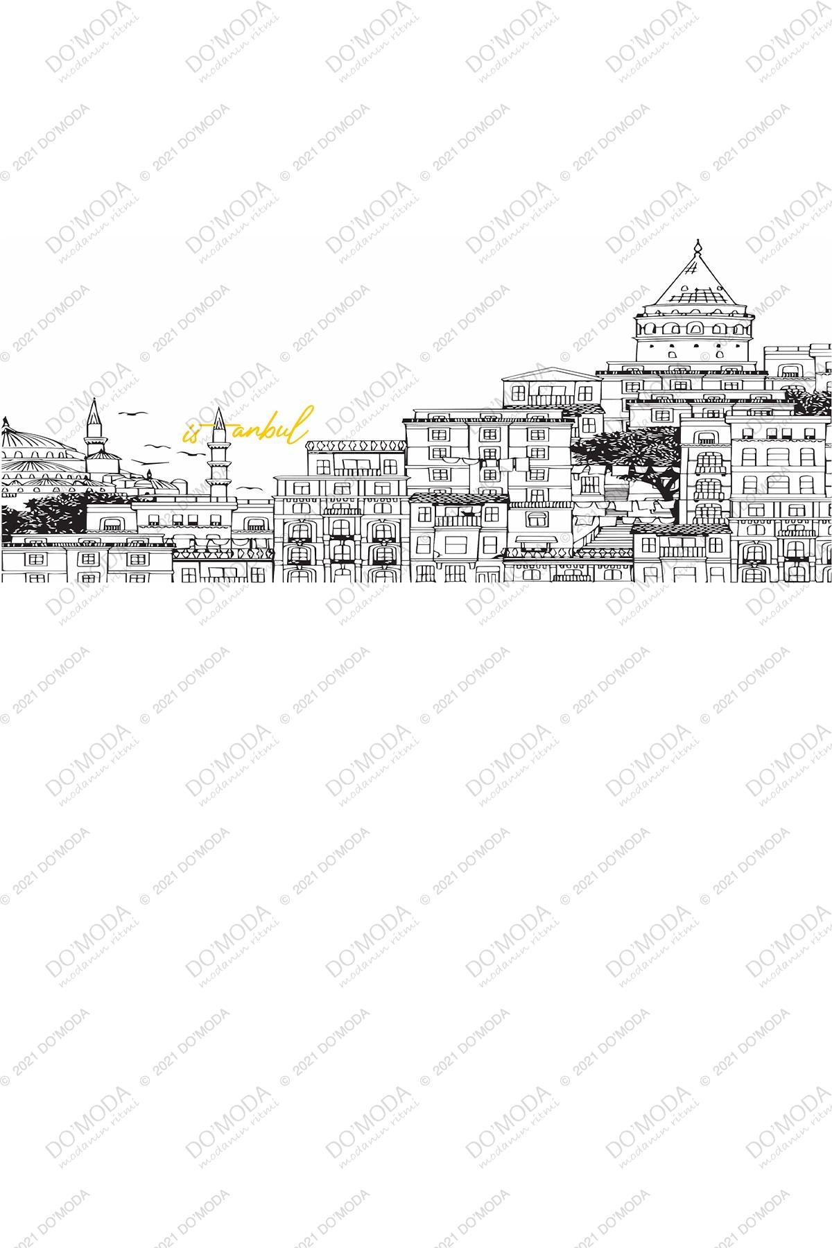 Istanbul Galata Illustration Printed, Cotton Crew Neck Men's T -shirt