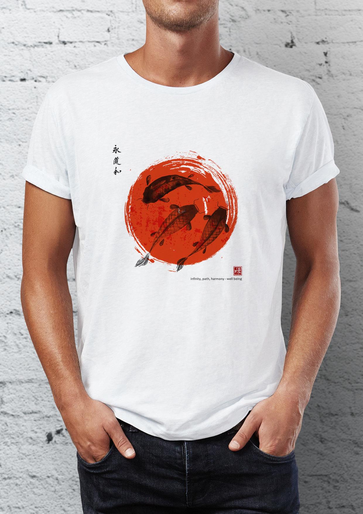 Japanese fish printed Crew Neck men's t -shirt