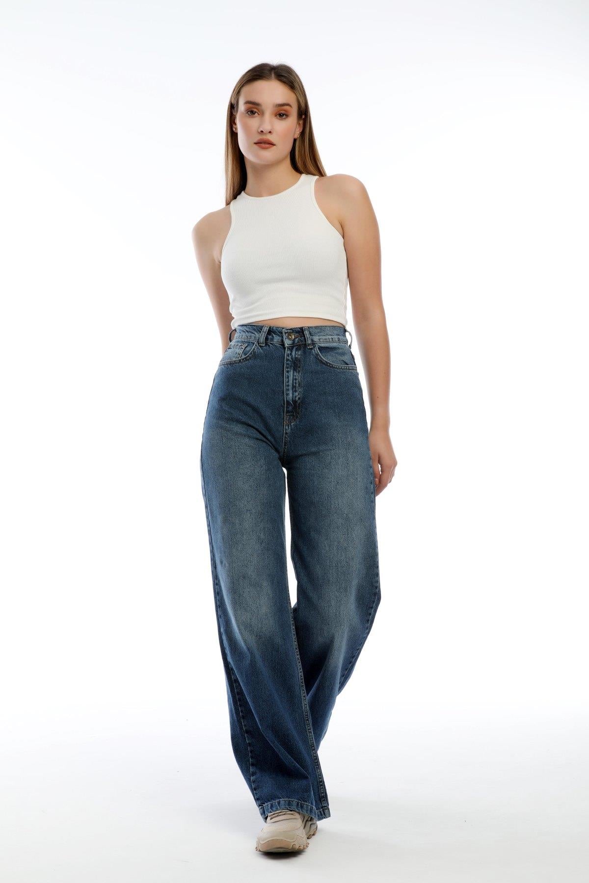 Yüksek Bel Geniş Paça Wide Leg Jeans Kadın Kot Pantolon