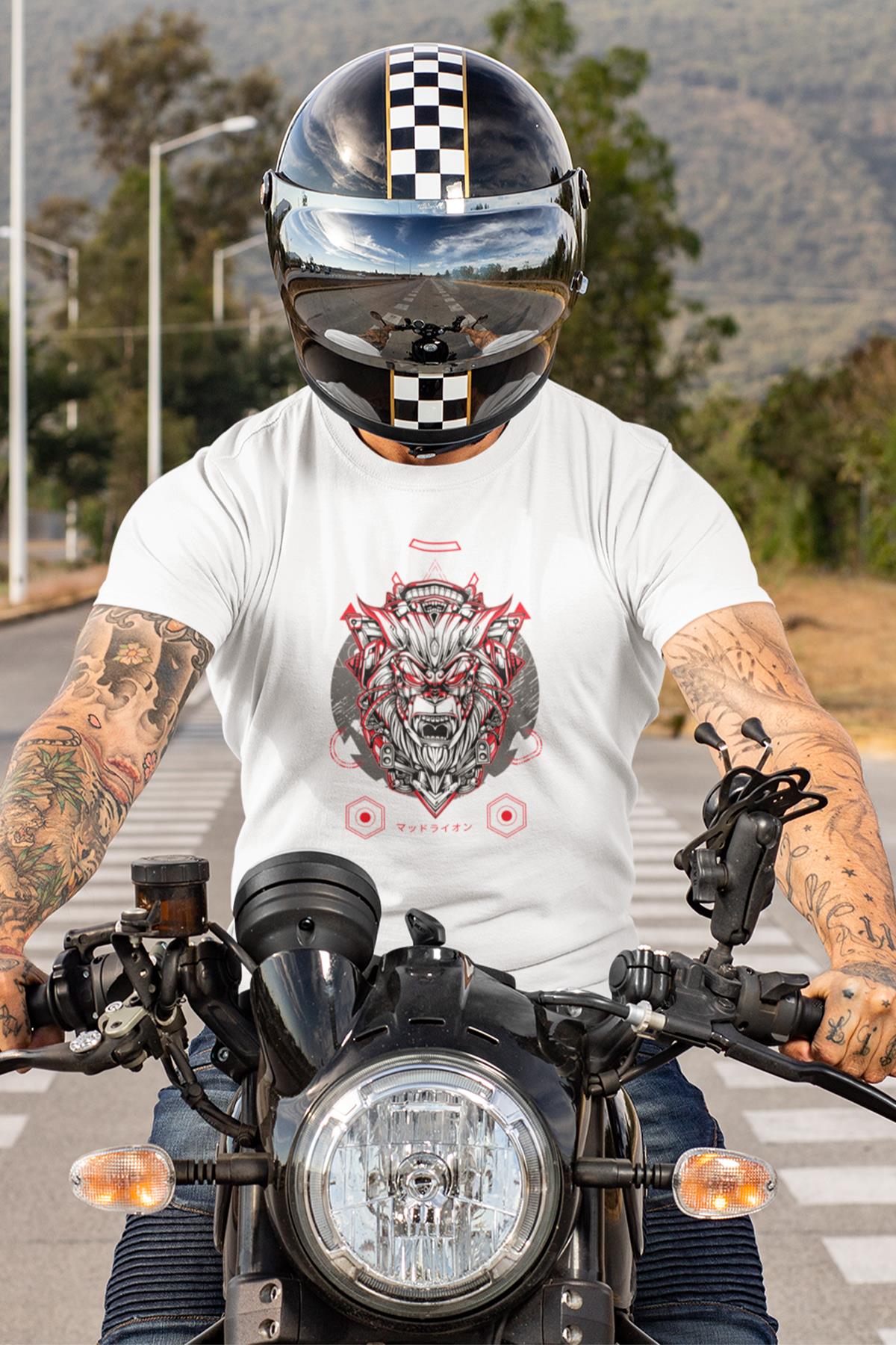 Kaplan Baskılı Japonca Slogan, Pamuklu Bisiklet Yaka Erkek Tişört