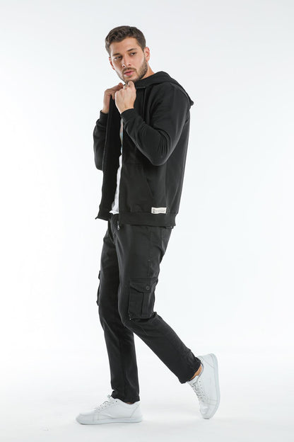 Kapüşonlu Basic Fermuarlı 3 İplik Erkek Siyah Sweatshirt