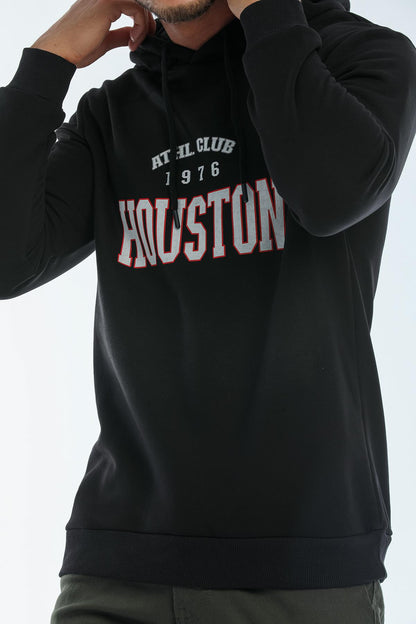 Kapüşonlu Houston Baskılı Geniş Kesim Erkek İçi Polarlı Sweatshirt