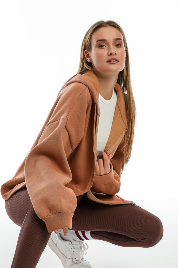 Kapüşonlu Kanguru Cepli İçi Şardonlu Kalın Oversize Fermuarlı Kadın Sweatshirt Domoda