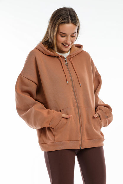 Kapüşonlu Kanguru Cepli İçi Şardonlu Kalın Oversize Fermuarlı Kadın Sweatshirt