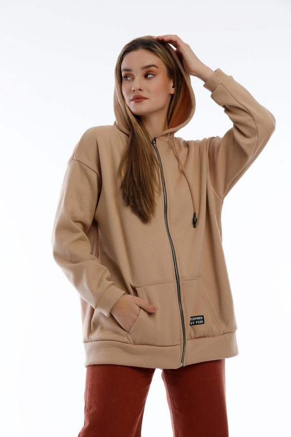 Kapüşonlu Kanguru Cepli İçi Şardonlu Kalın Oversize Fermuarlı Kadın Sweatshirt Domoda
