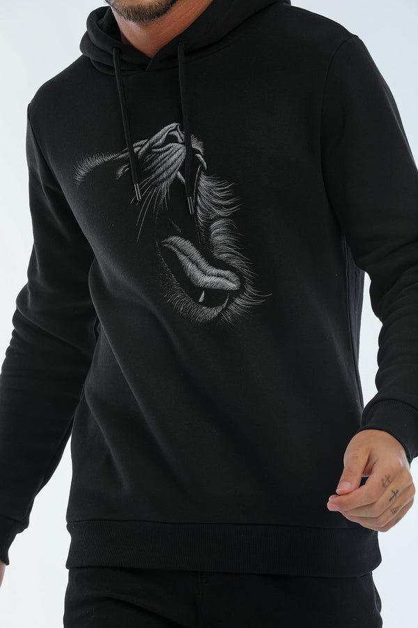 Hooded Men's Sweatshirt with Lion Print on the Front and Fleece Inside