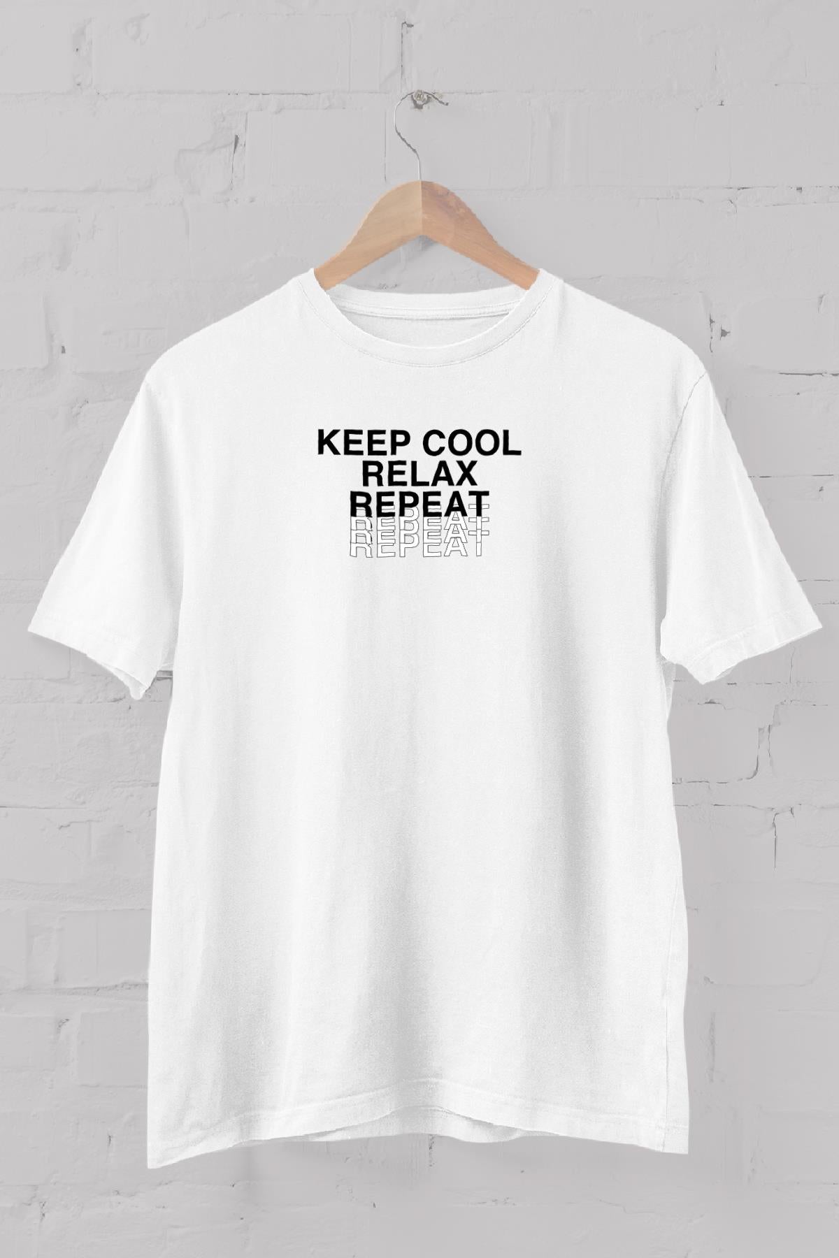 Keep Cool Relax Repeat Baskılı Bisiklet Yaka Erkek Tişört