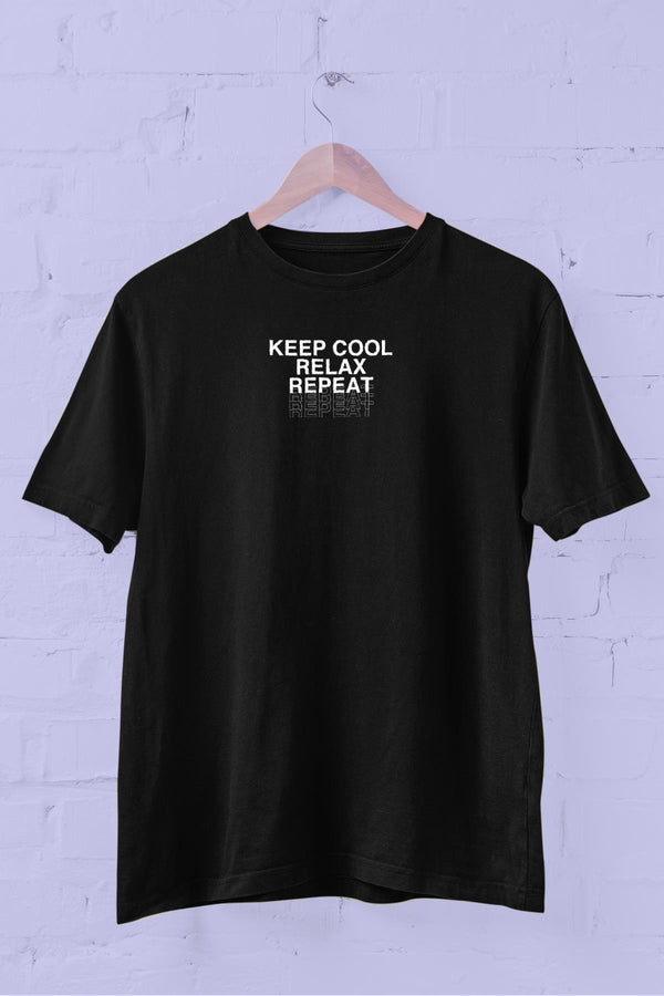Keep Cool Relax Repeat Baskılı Bisiklet Yaka Erkek Tişört Blah.