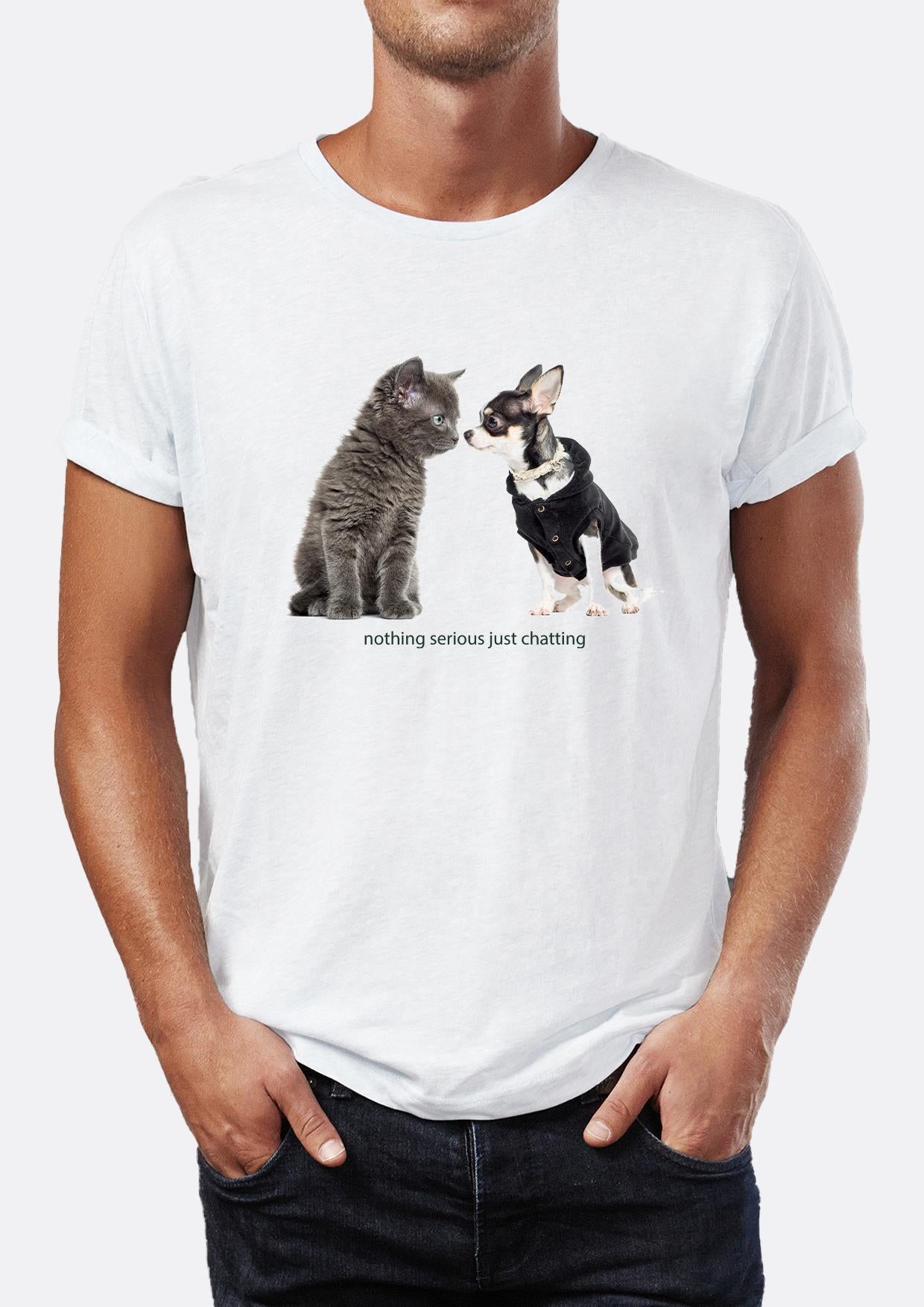 Kedi Köpek Just Chatting Baskılı Bisiklet Yaka Erkek Tişört
