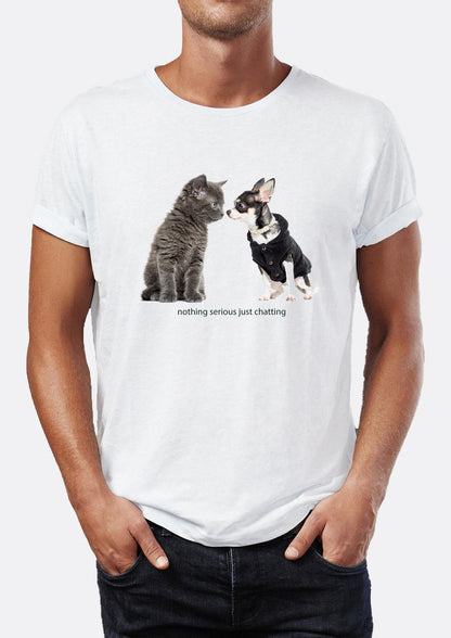 Kedi Köpek Just Chatting Baskılı Bisiklet Yaka Erkek Tişört