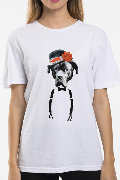 Köpek Baskılı Oversize Bisiklet Yaka Kadın Tişört