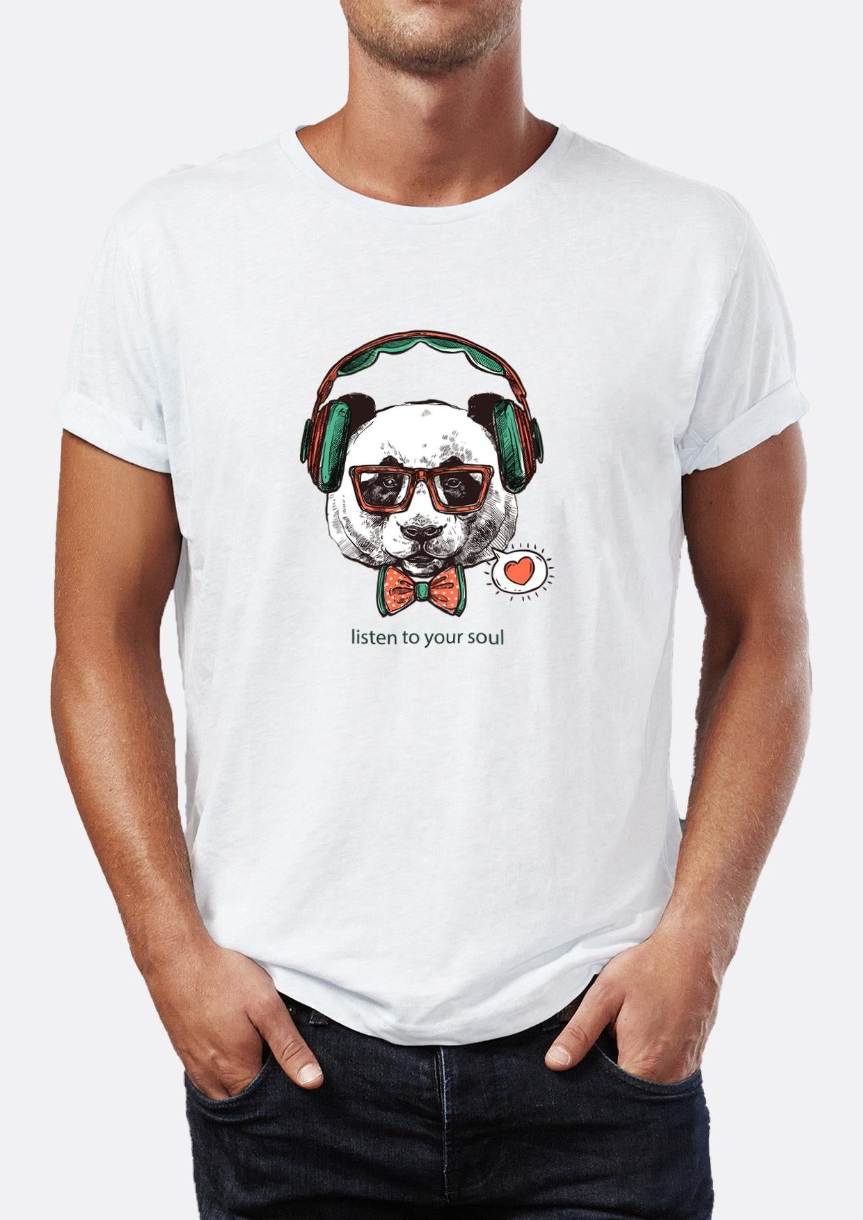 Listen to your soul panda illustration printed Crew Neck men's t -shirt