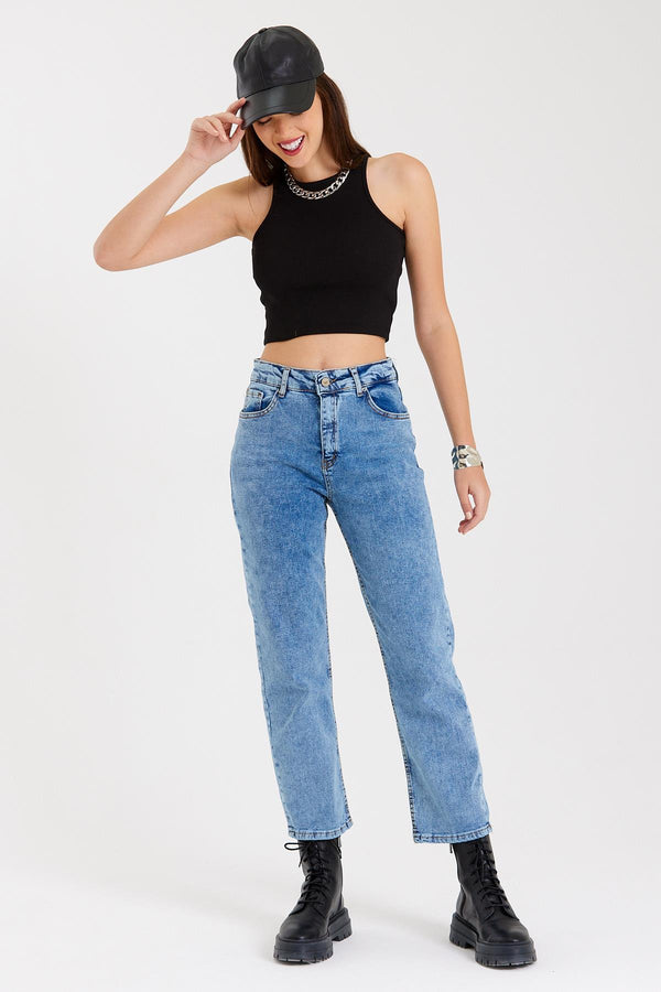 Blue High Waist Stretchy Fabric Stone Wash Mom Jeans Women's Trousers