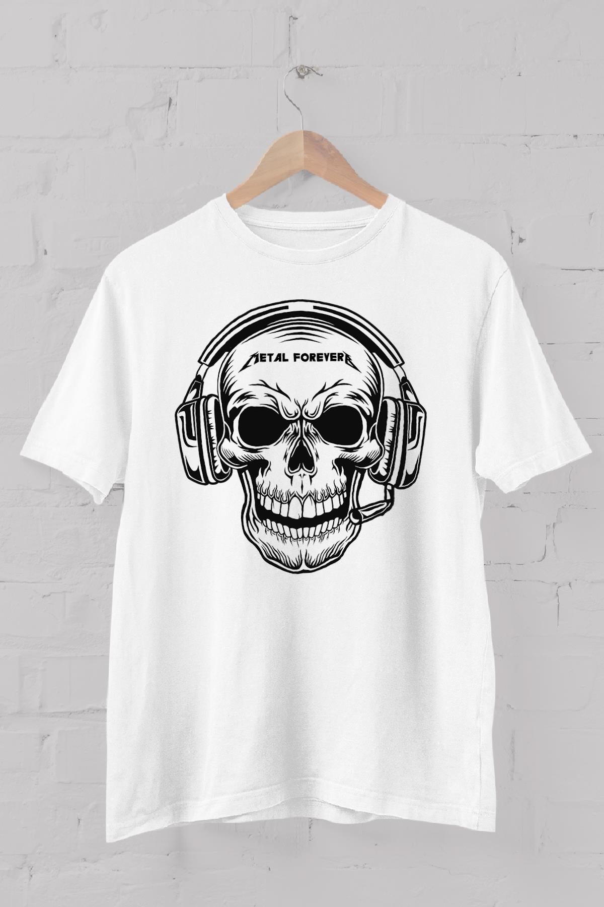 Metal Forever iskelet Baskılı Bisiklet Yaka Erkek Tişört