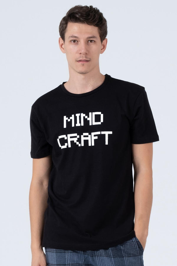 Mind Craft Baskılı Bisiklet Yaka Rahat Reguler Kalıp Erkek Tişört Blah.