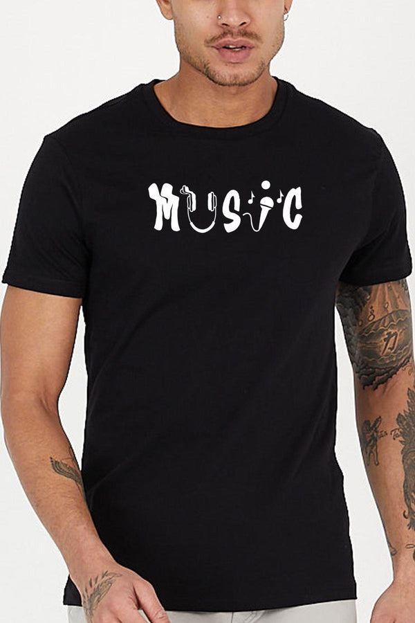Music Baskılı Bisiklet Yaka Erkek Tişört Blah.