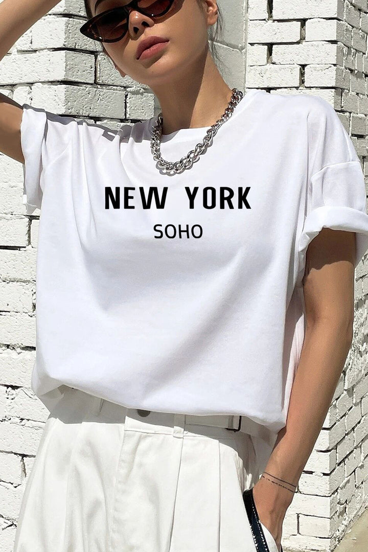 NEW YORK Baskılı Oversize %100 Pamuk Kadın Tişört Blah.