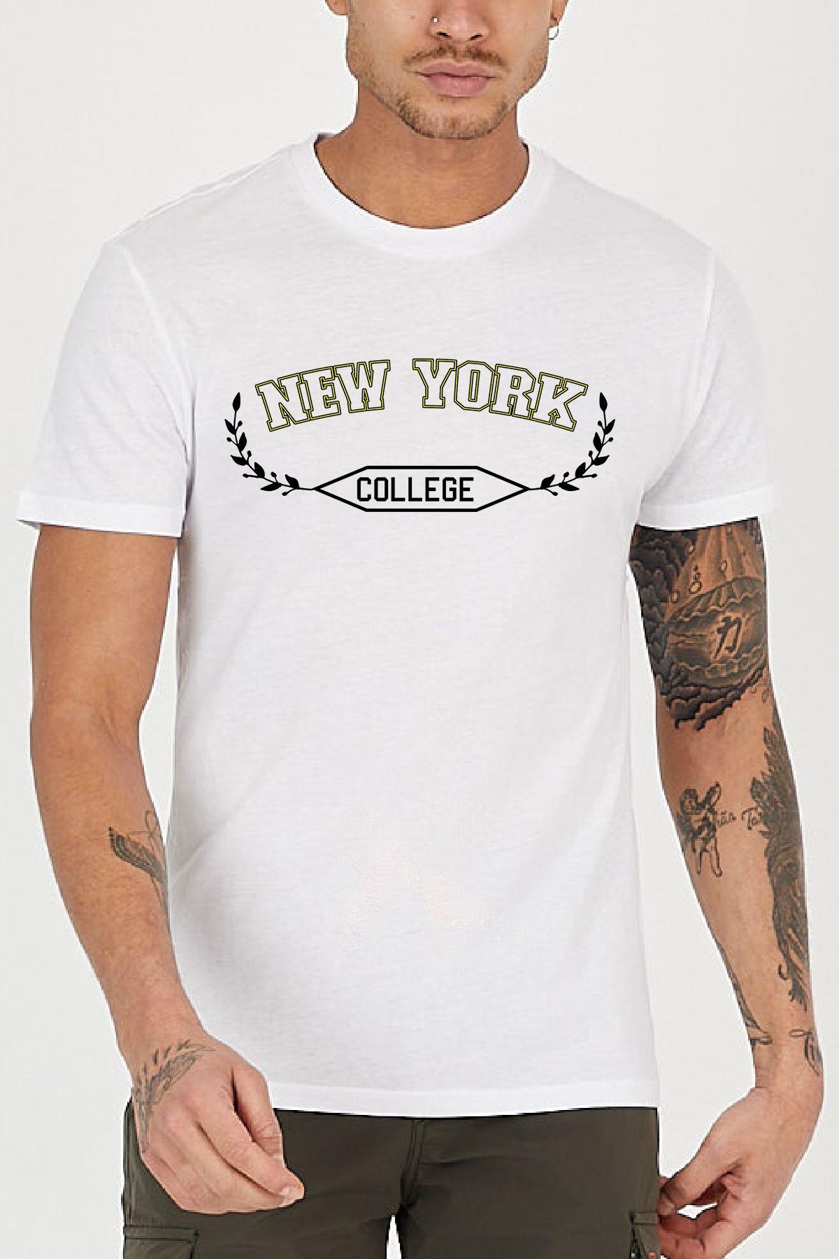 New York College Baskılı Bisiklet Yaka Erkek Tişört