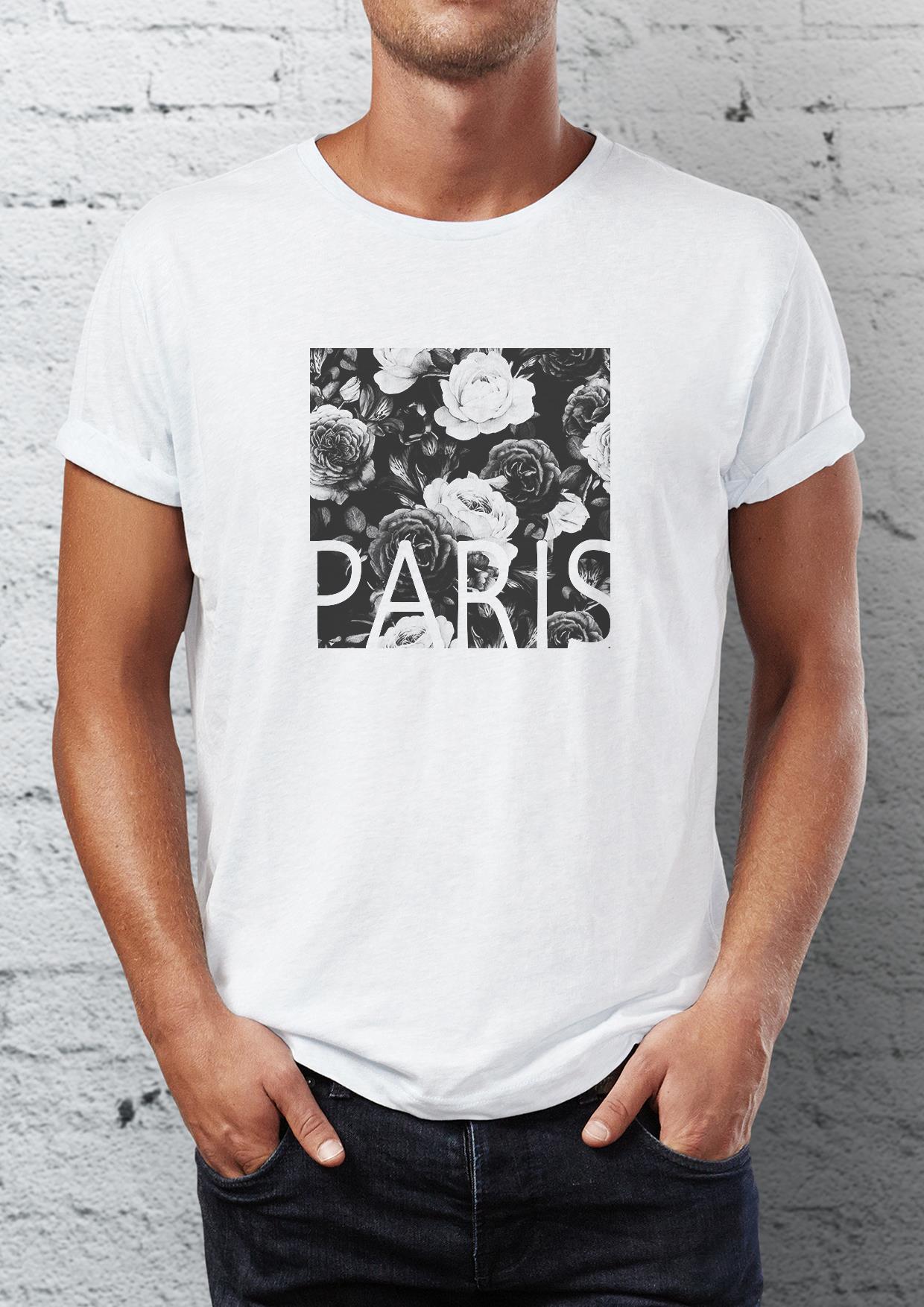 Paris Baskılı Bisiklet Yaka Erkek Tişört