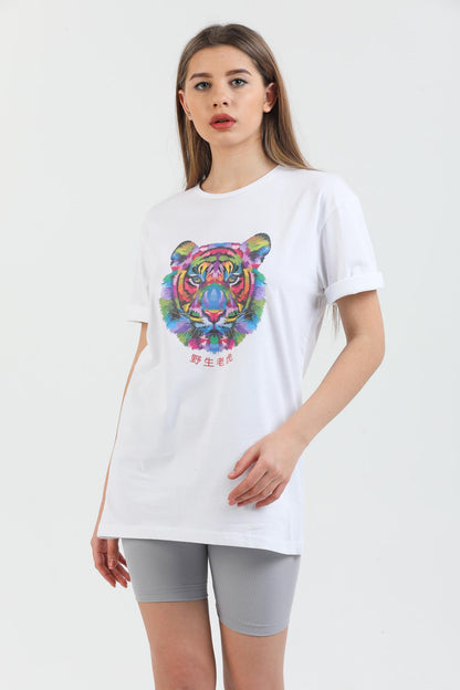 Colorful lion printed cotton Crew Neck overwoman female t -shirt.