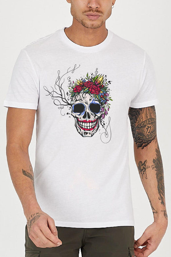 Renkli Floral iskelet Baskılı Bisiklet Yaka Erkek Tişört Blah.