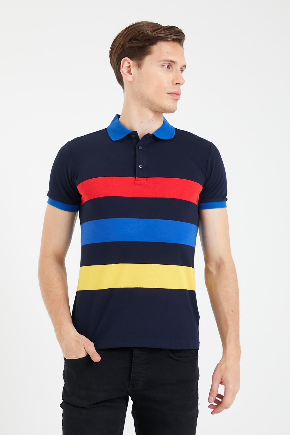 Renkli Panelli Ringelli Polo Yaka erkek kısa kol tişört