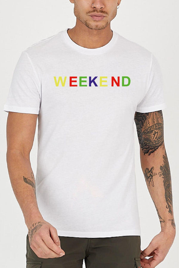Renkli Weekend Baskılı Bisiklet Yaka Erkek Tişört Blah.