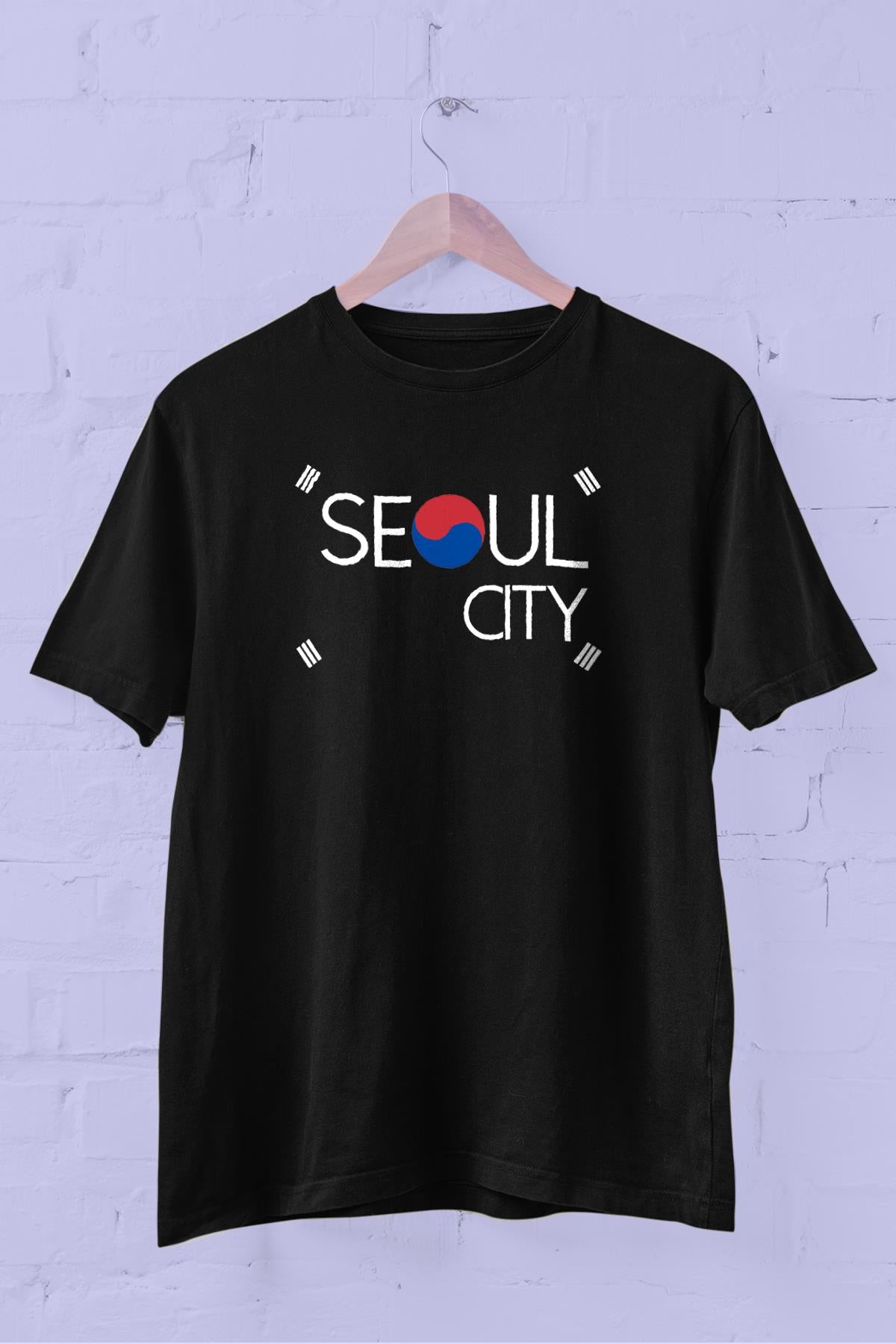 Seoul bayrak Baskılı Bisiklet Yaka Erkek Tişört