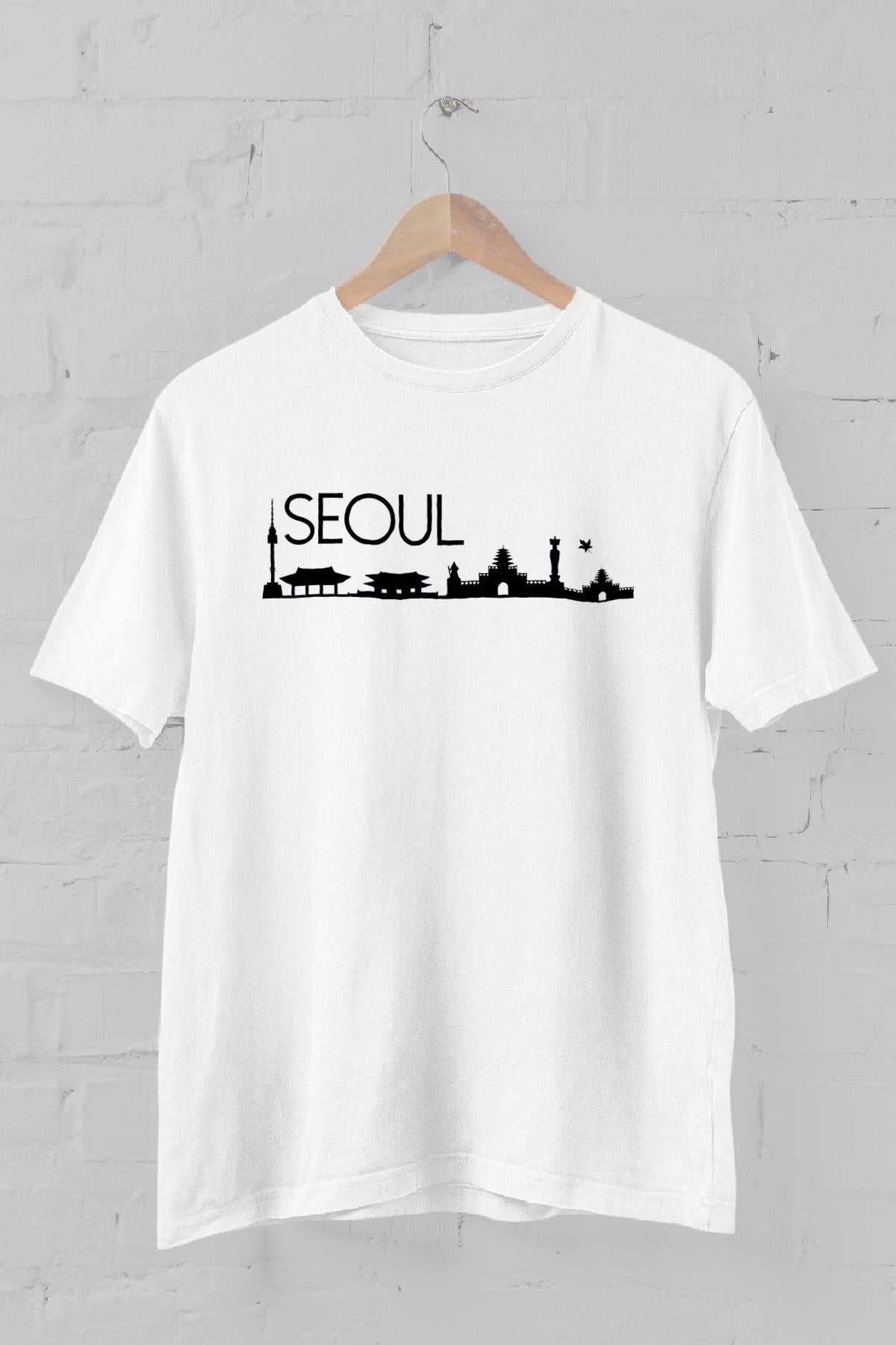 Seoul Silüet Baskılı Bisiklet Yaka Erkek Tişört
