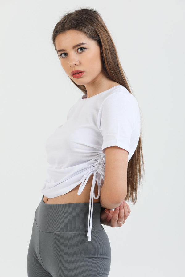 Büzgülü Basic Örme Bluz Body Bağcıklı Kadın Tişört. Domoda