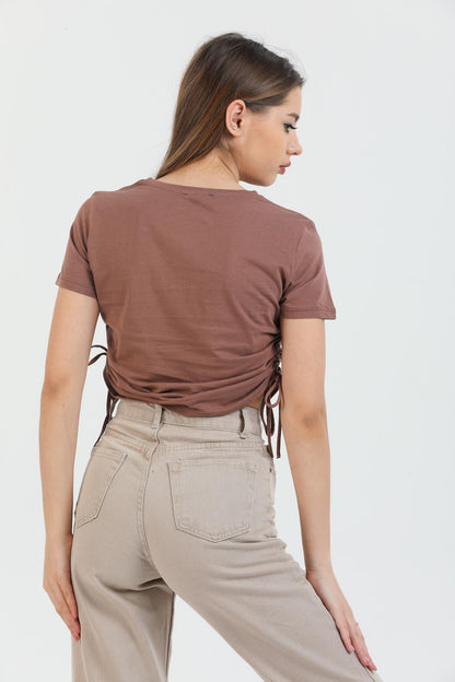 Büzgülü Basic Örme Bluz Body Bağcıklı Kadın Tişört.