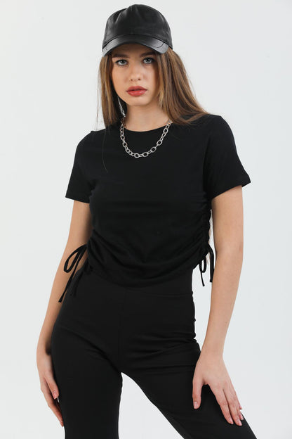 Shirred basic knitted blouse body laced woman T -shirt.