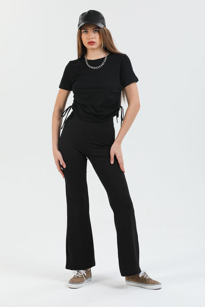 Büzgülü Basic Örme Bluz Body Bağcıklı Kadın Tişört.