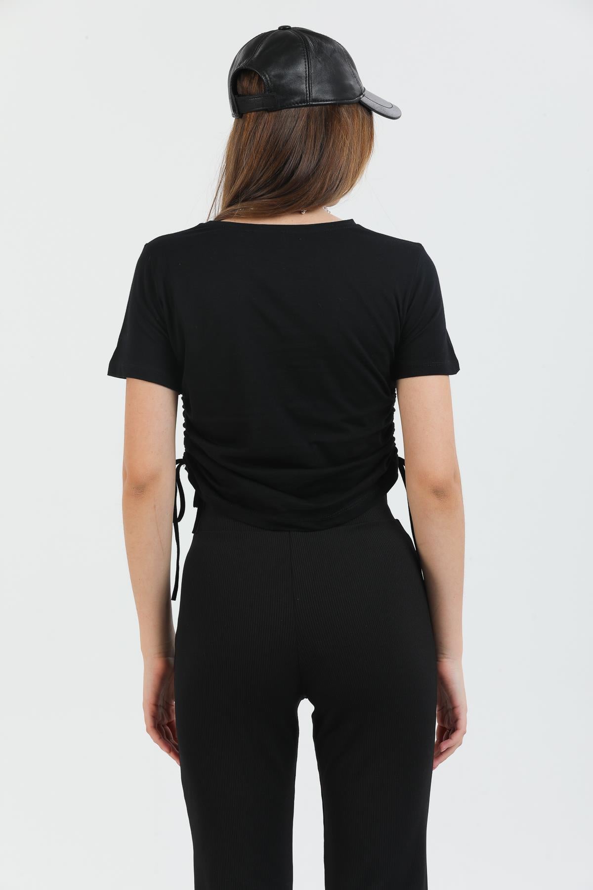 Büzgülü Basic Örme Bluz Body Bağcıklı Kadın Tişört.