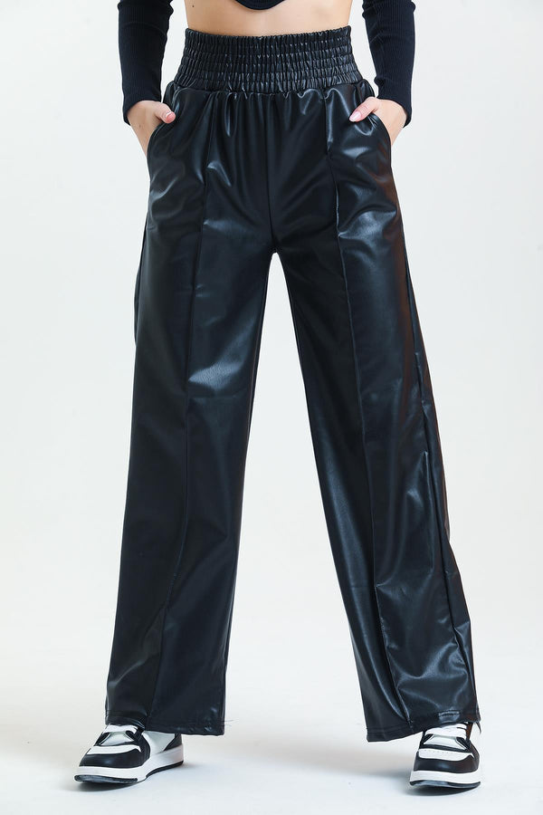 Flared leg ribbed iron-on traces, Faux Leather Trousers with Crocheted Elastic Waist