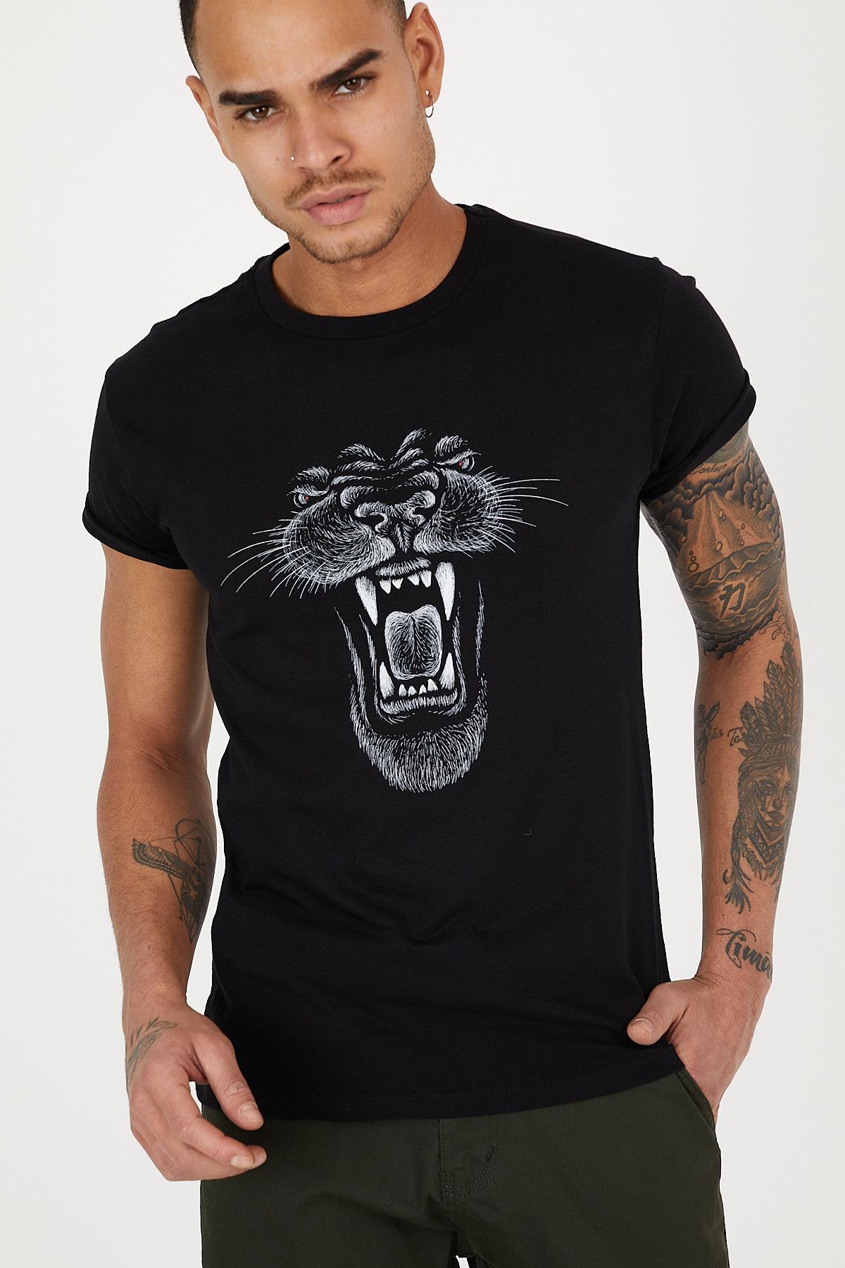 Black tiger printed Crew Neck men's t -shirt