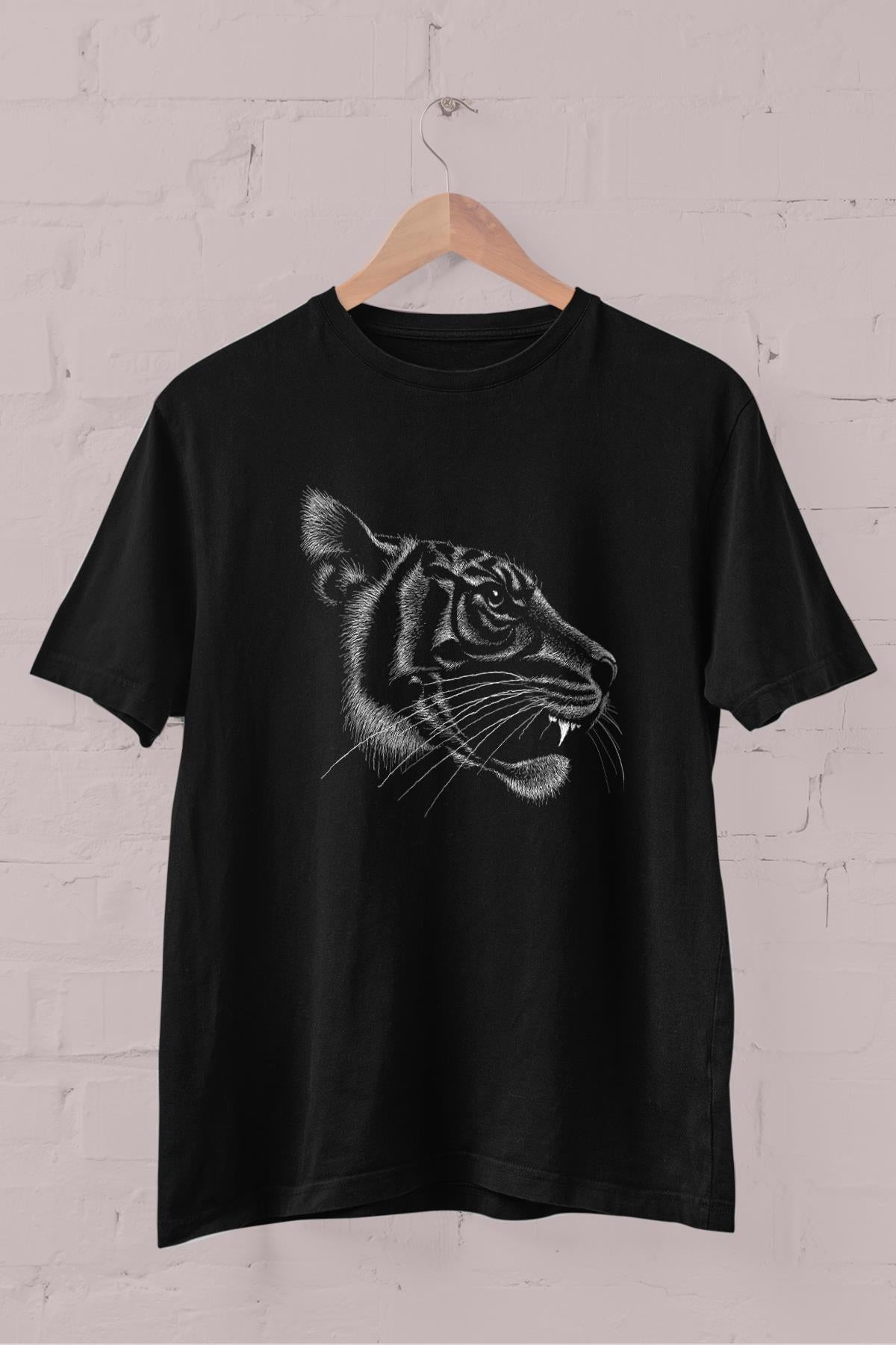 Black Tiger Profile Printed Crew Neck Men's T -shirt