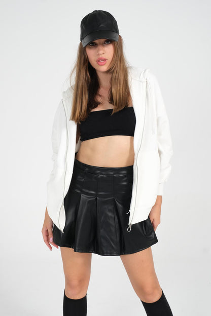 Black Clash Artificial Leather Pleated Woman Skirt