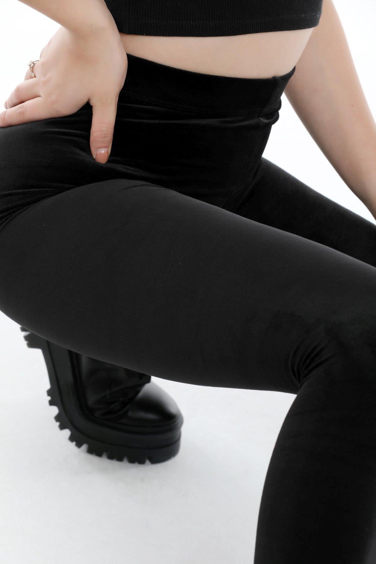 Siyah Yüksek Bel Velvet Düz Kadife Kışlık Esnek Kadın Tayt Pantolon