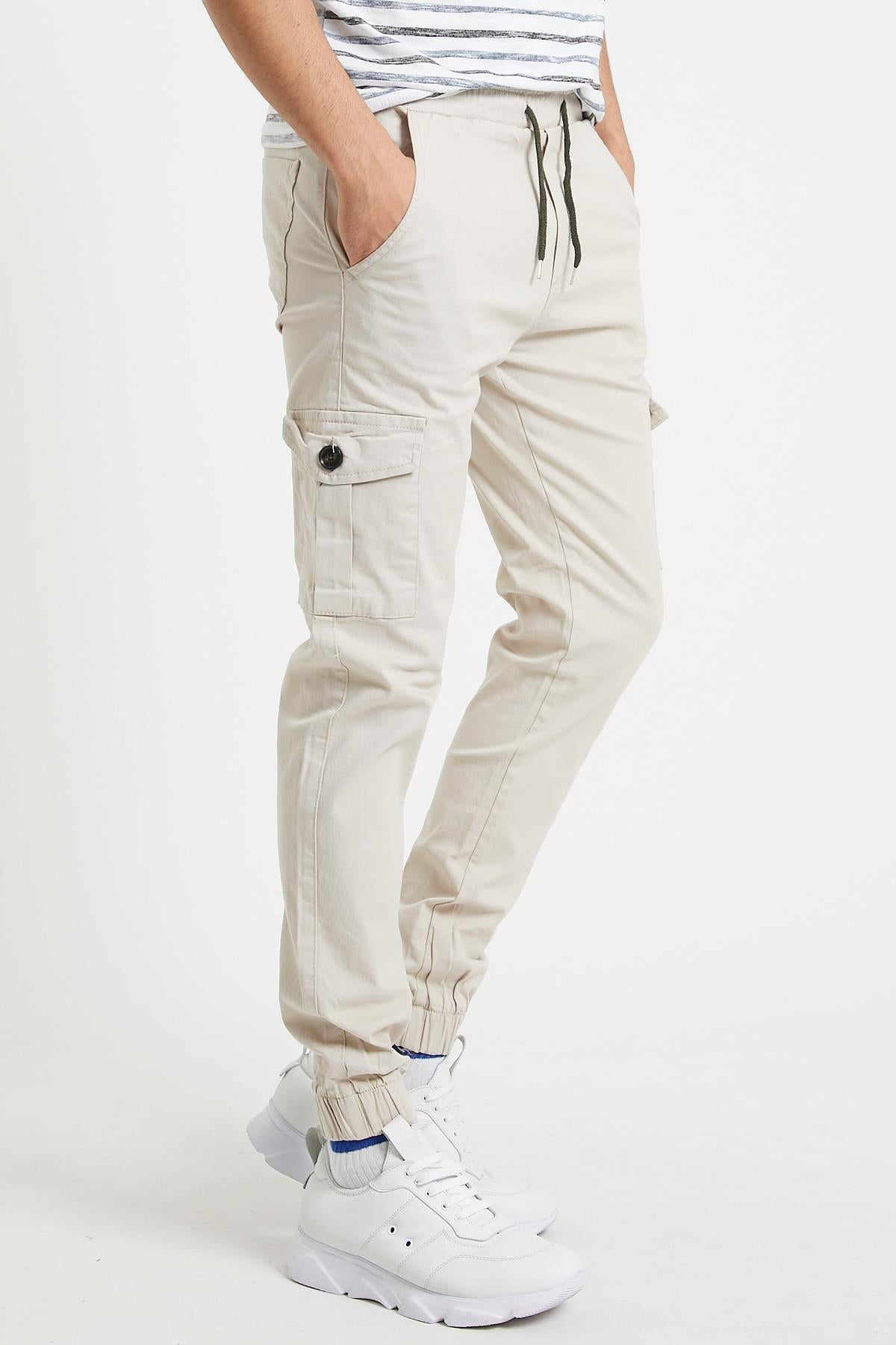 Slim Fit None Denim Side Pocket Luffed Lagging, Paçları Tire Flexible Cargo Men's Pants