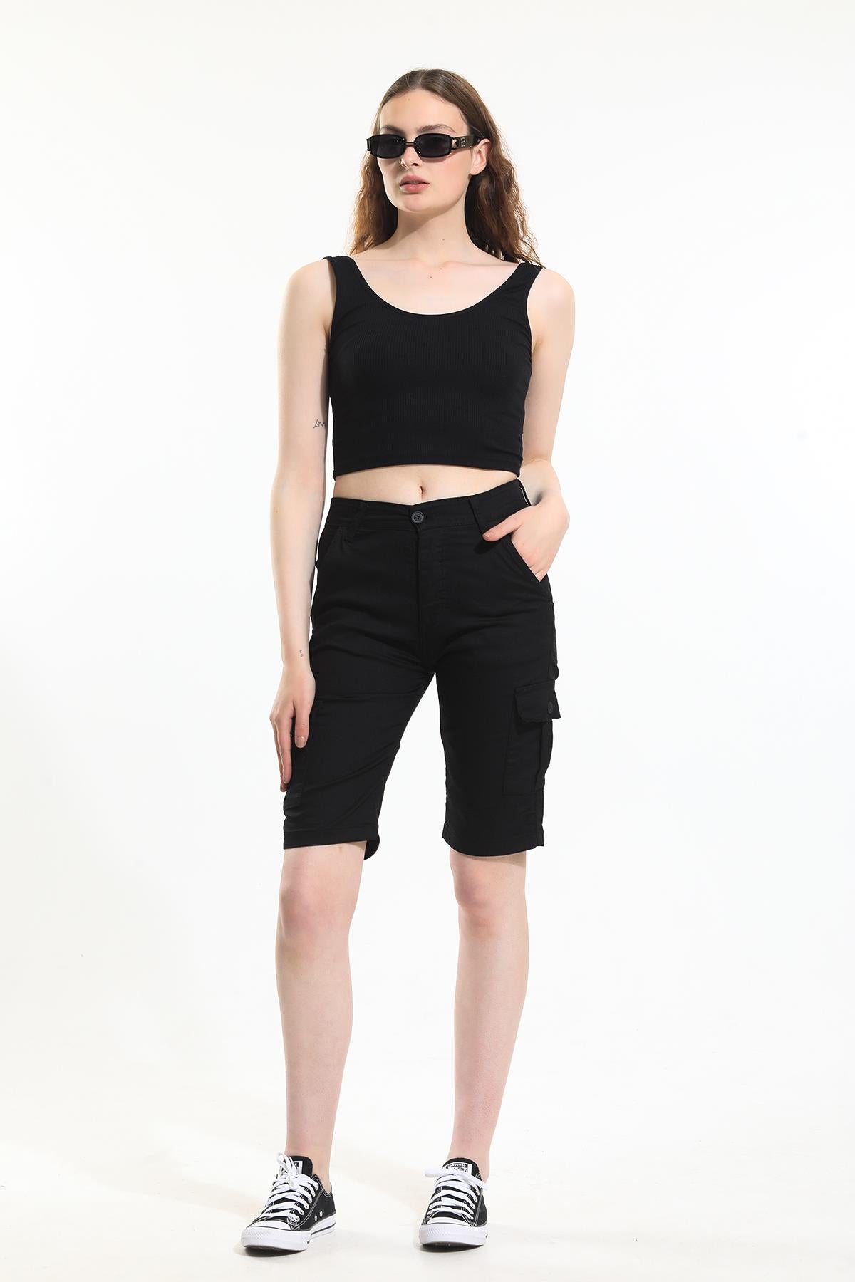 Slim Fit None Denim Side Pocket Flexible Fabric Women's Cargo Shorts