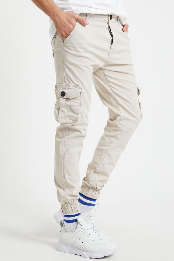 Slim Fit None Denim Men's Cargo Pants with Belted Side Pockets, Buttons and Elasticated Legs