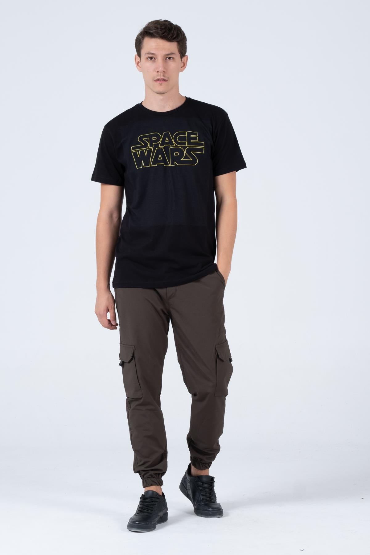 Space Wars Baskılı Bisiklet Yaka Rahat Reguler Kalıp Erkek Tişört