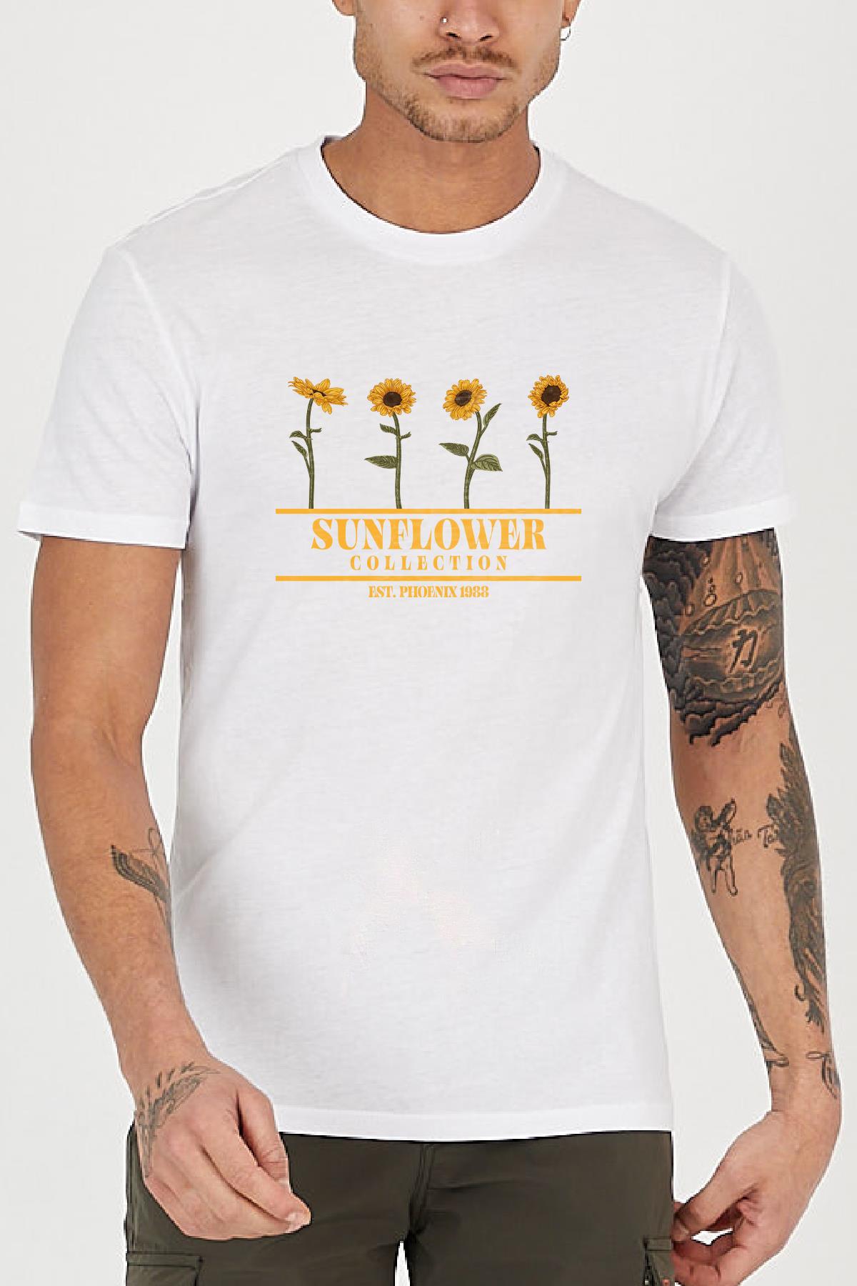 Sun Flower Printed Crew Neck Casual Regulars Mold Men's T -shirt