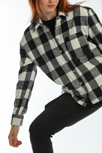Single Pocket Checky Slip Behind Long Eco Wdasting Wordener Shirt Shacket Jacket