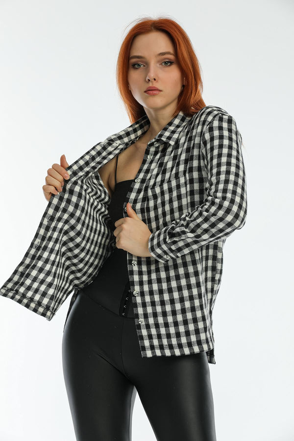Single Pocket Checkered Slit Back Long Plaid Lumberjack Women's Shirt Shacket Jacket