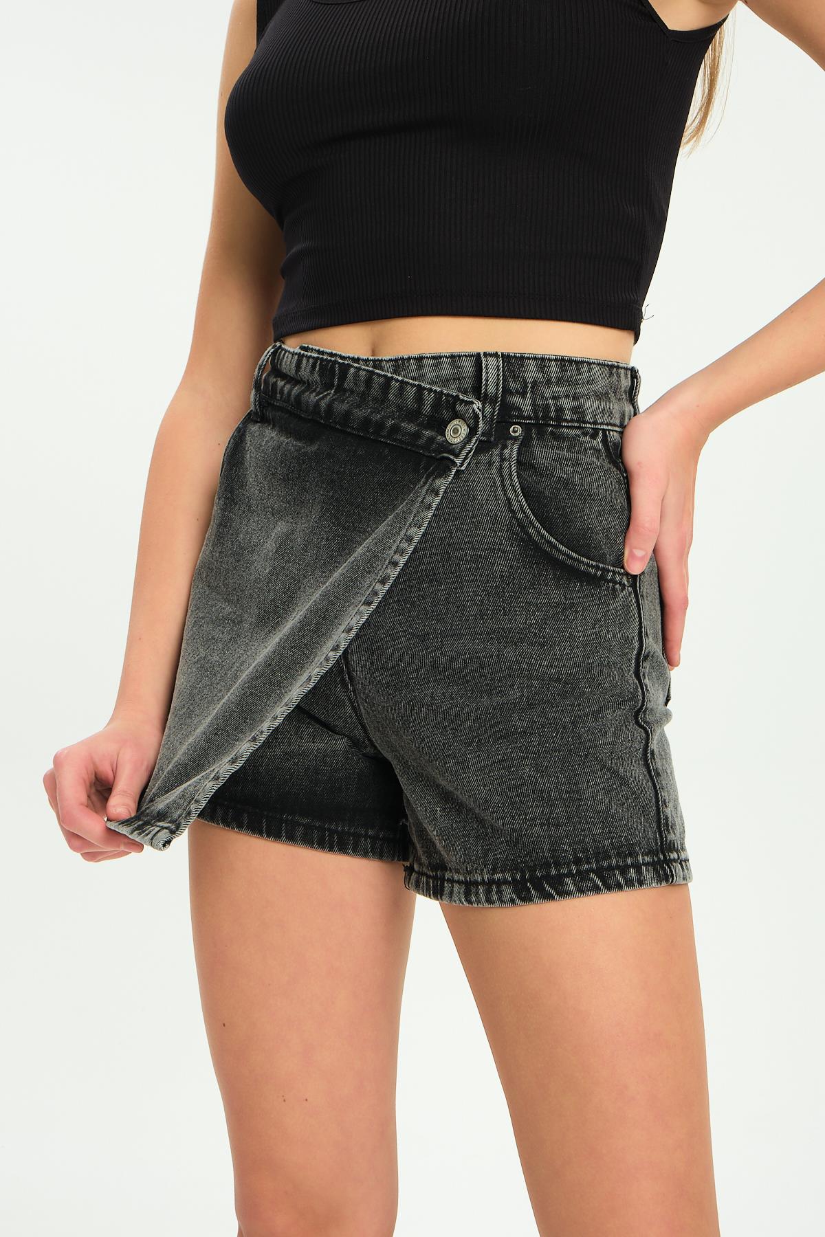 Single button, zipper denim shorts jeans women's skirt