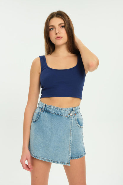 Tek Düğme, fermuarlı Denim Şort Kot Kadın Jean Etek