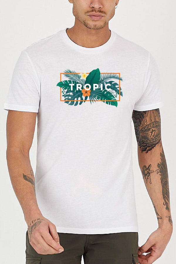 Tropic Palmiye Baskılı Bisiklet Yaka Erkek Tişört Blah.