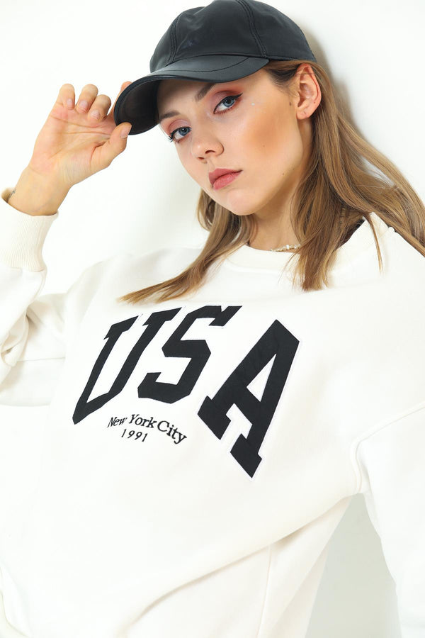 USA Nakışlı Bisiklet Yaka Oversize Omuz Detaylı Kadın Sweatshirt